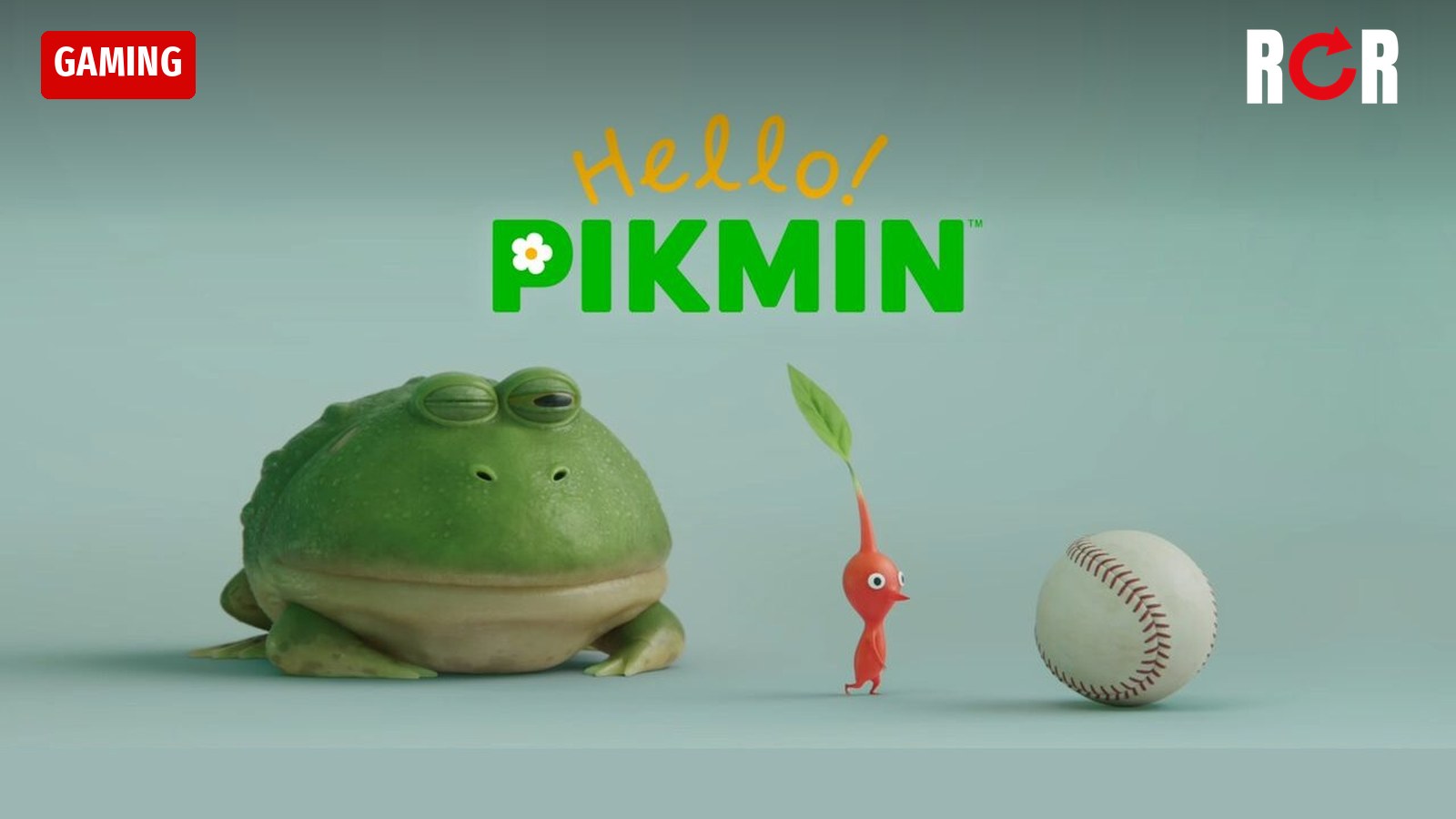Hello! Pikmin logo above a red Pikmin, a toad and an old baseball